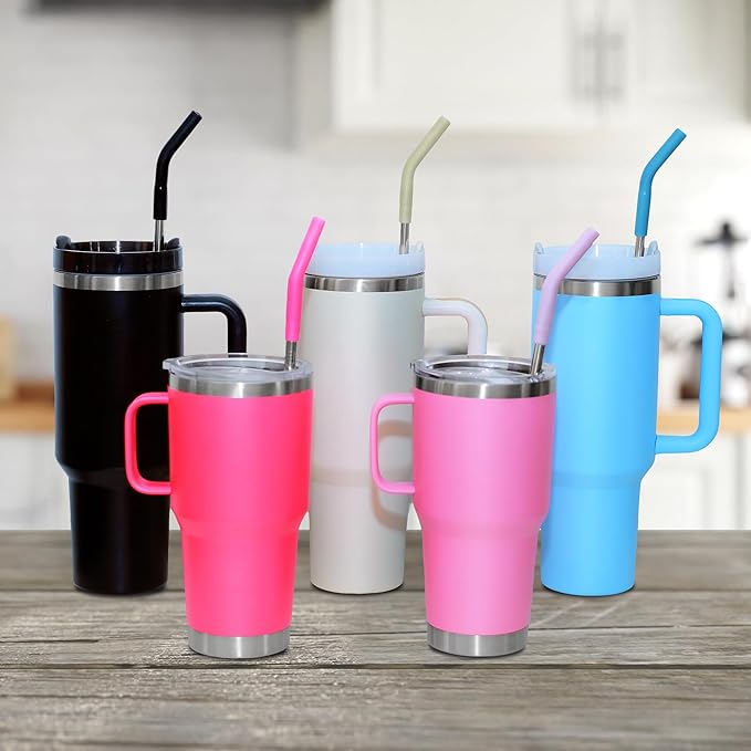 Set of 3 Stainless Steel Straws for 40 Oz Tumbler,For Stanley 40 Oz Tumbler, Reusable Metal Straw with 6 Silicone Tips and 1 Straw Cleaning Brush (White, 40 oz)
