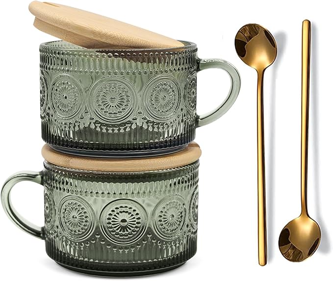 Vintage Coffee Mugs Set of 2 Green, 14 Oz Overnight Oats Containers with Bamboo Lids and Spoons, Glass Breakfast Cups, Cute Coffee Bar Accessories Christmas Gifts
