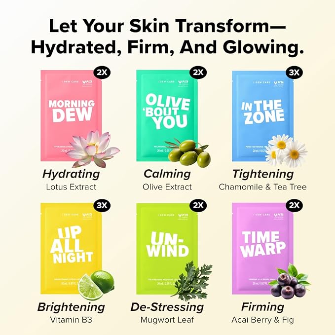I DEW CARE Collagen Sheet Mask Variety Pack - 14 Days Facial Masks Skincare Korean | Hydrating Collagen Face Mask, Moisturizing Beauty Skin Care, Sheet Masks for Women, Stocking Stuffers,14EA