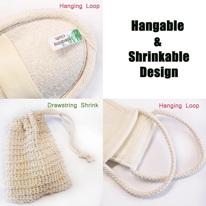 Natural Loofah Back Scrubber for Shower for Men and Women, Exfoliating Loofah Sponge with Soap Saver, 4-pcs