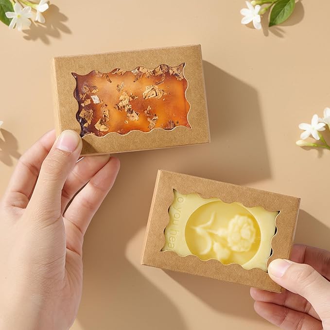 40PCS 3.5x2.36x1.2 inches Kraft Brown Soap Boxes with window, Homemade Soap Packaging Gift Boxes, Small Bakery Boxes for Macarons, Cookies & Candies, Wedding & Birthday Party Favors