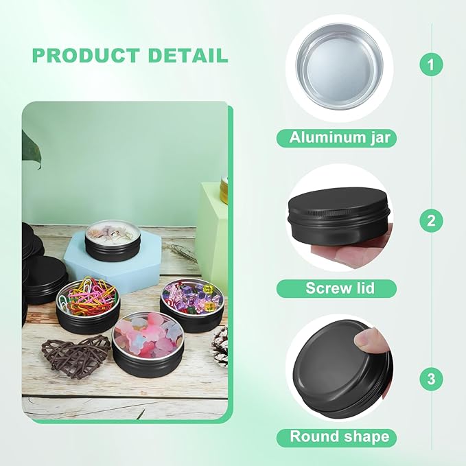 YQ 60 Pack 2 oz Tins with Lids, Salve Tins Round Aluminum Tin with Lids, 2oz Metal Tin Cans with Lid and Label, Refillable Black Containers for Balm,Beads,Weeds,Seeds,Salve,Spices and Homemade Candles