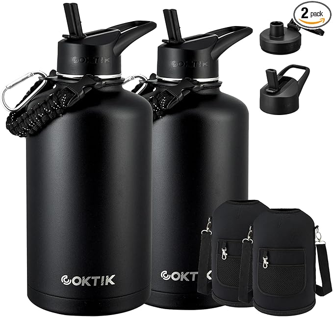 COKTIK 84oz Water Bottle with Straw - Triple Insulated Flask, 48hr Cold Retention Large Water Bottle, Leakproof Water Jug for Gym, Hiking, Camping, Outdoor Sports (2 pack,Black)