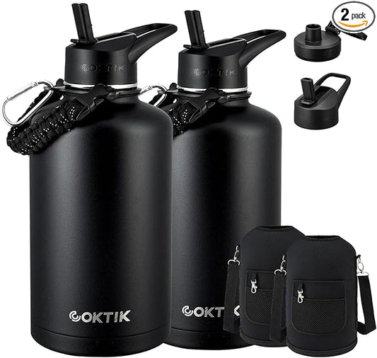 COKTIK 84oz Water Bottle with Straw - Triple Insulated Flask, 48hr Cold Retention Large Water Bottle, Leakproof Water Jug for Gym, Hiking, Camping, Outdoor Sports (2 pack,Black)
