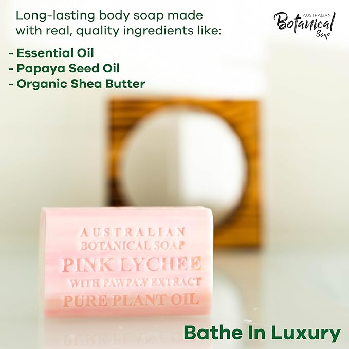 Australian Botanical Soap Pink Lychee with Pawpaw Extract 6.6 oz Luxury Soap Bars Enriched with Shea Butter, Sutiable for Men, Women and All Skin Types, Pack of 4