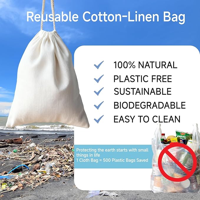 Simple&Opulence 6-Pack 14” x 17” Linen Cotton Drawstring Bags Reusable Grocery Sacks, DIY Craft Sachet Sacks Storage Cloth Bags for Party Wedding Home Bulk Produce Bags, Washable, White