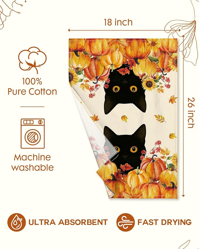 Flour Sack Kitchen Towels Set of 2-18x26 Inch Cotton Dish Towels with Hanging Loop Absorbent Reusable Cloths for Cleaning Cute Autumn Fall Home Decor Housewarming, Autumn Two Cats