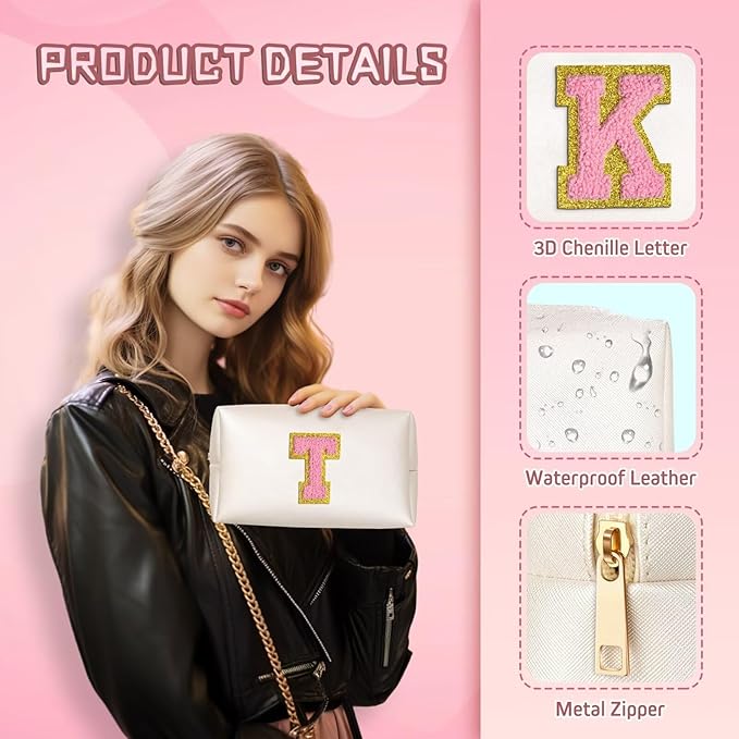 TOPEAST Birthday Gifts for Girls, Travel Makeup Bag Chenille Letter Pouch Cosmetic Bag, Makeup Travel Organizer, Monogrammed Bridesmaid Gifts for Women, Cute Stuff for Girls (Pearly White J)