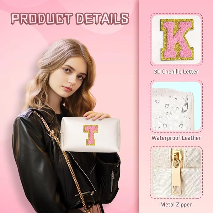 TOPEAST Initial Makeup Bags for Women, Personalized Portable Cosmetic Bag with Zipper, Cute Makeup Pouch, Bridesmaid Gifts for Wedding Day,Girl Trendy Stuff(Pearly White X)
