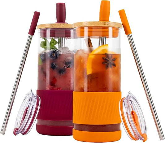 Pandaloo® Glass Cups With Lids and Straws -20 Fl Oz- Perfect Size Iced Coffee Cup - Smoothie Cup With Bamboo Lid and On the go Lid - Glass Tumbler (2 Count (Pack of 1), Boysenberry-Autumn Gold)