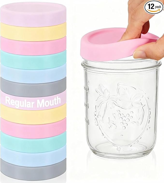 12 Pcs Silicone Regular Mouth Lids Mason Jar Lids Thickened Leak Proof Lid for 70 mm All regular mouth Mason Jars, Reusable Large Canning Jar Caps (Macaron)