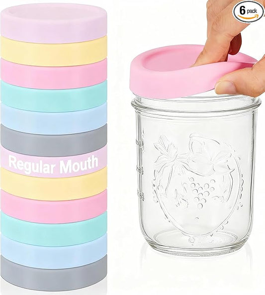 6 Pcs Silicone Regular Mouth Lids Mason Jar Lids Thickened Leak Proof Lid for 70 mm All regular mouth Mason Jars, Reusable Large Canning Jar Caps(Macaron)