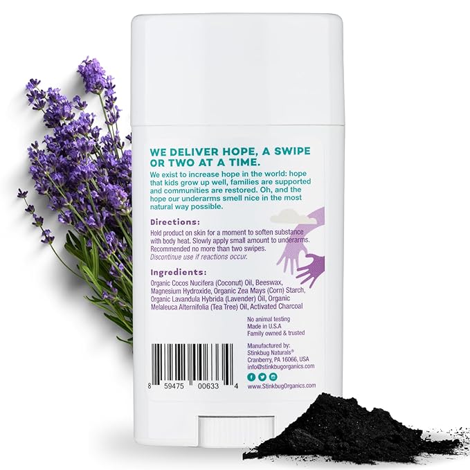 Stinkbug Naturals Organic Aluminum Free Deodorant Stick with Lavender, Coconut Oil and Activated Charcoal, Paraben Free, Sensitive Skin Deodorant, 2.1 Ounces Pack of 1