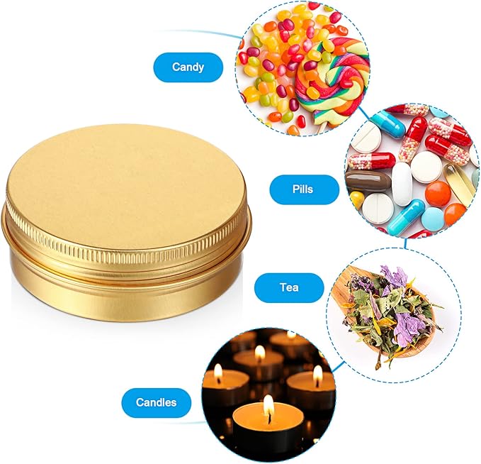 Patelai 72 Pcs 2 oz Aluminum Tins Salve Containers with Screw Lid and Labels Round Cans Travel Cosmetic Metal Tins Jar for Candles Lotion Bars Balms Food Spice Candies DIY Crafts(Gold)