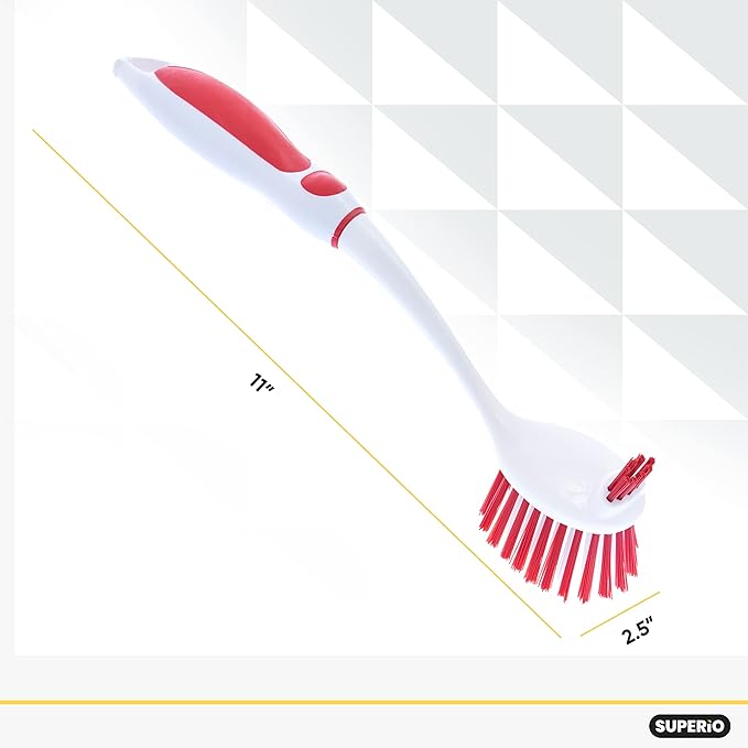 Dish Brush with Handle Vegetable Brush Double Sided Cleaning Brush Scrubber Non Scratch Scrub Brushes Kitchen Brush for Cooking, Foods- Fruits/Potatoes/Veggies, Sinks, Bath-Blue/Red, 2 Pack-Superio