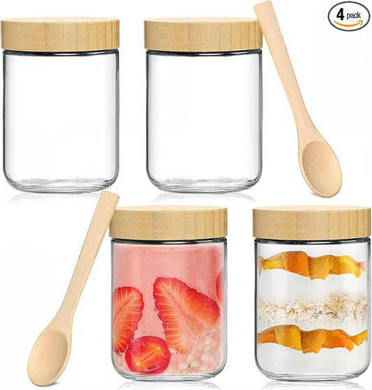 4 Pack 16oz Glass Jars with Bamboo Lids, Spoons, Airtight Overnight Oats Containers, Wide Mouth Mason Jars, Food Storage Container for Yogurt Salad Snacks Spice Sugar Meal Prep – Reusable