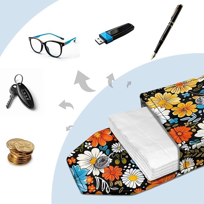 Hippie Flower Travel Tissue Holder Portable Tissue Holder for Purse Coin Keys Snap Button Enclosed Purse Size Tissues Packs for Travel Daily Outgoing