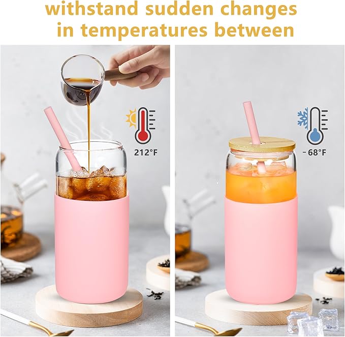 4 Pcs 20oz Glass Tumbler with Straw and Lid Iced Coffee Glasses with Silicone Protective Sleeve Drinking Glasses Set of 4 for Juice Beer Milk(Pink*4)