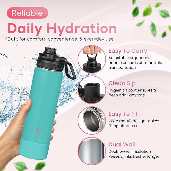 Y TOP 18 oz Insulated Water Bottle Cup Holder Friendly, Leak Proof Spout Lid, Double Wall Insulation, Dishwasher Safe, Easy Clean Stainless Steel Water Bottle for Gym Kids Sports Travel School Hiking