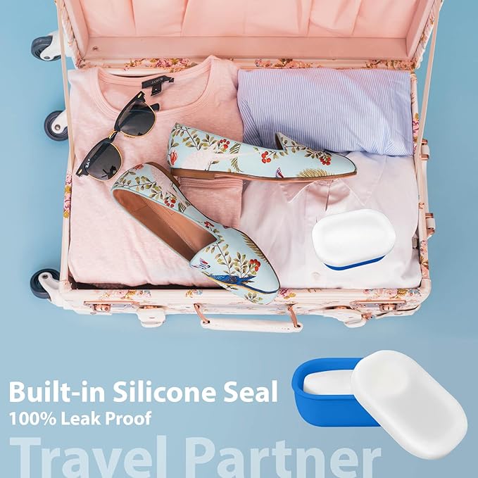 Leakproof Silicone Travel Soap Case with Drainage Layer, Silicone Bar Soap Holder Compact Portable Shatterproof Soap Container Box for Bathroom Gym Camp Travel Toiletries (KleinBlue, Clear Lid)