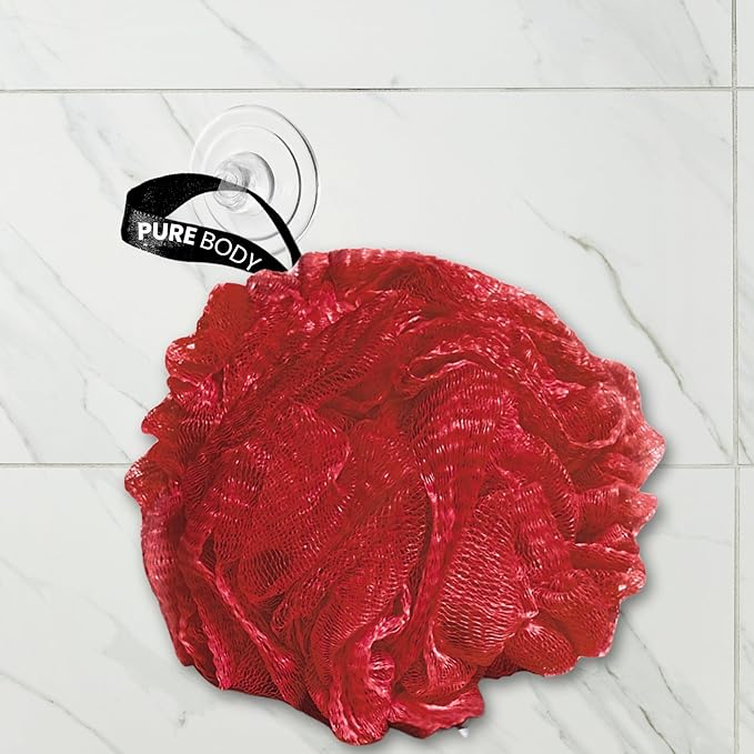 Large Bath Sponge Pack of 3 – Gentle Exfoliation Loofahs with Suction Cup for Easy Drying, Soft 70G Mesh Poufs for All Skin Types, Luxurious Lather for Daily Use (Dark Red)