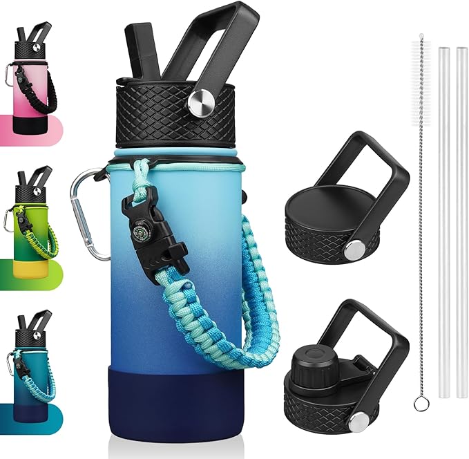 BJPKPK Water Bottle with Straw Lid, 18oz Insulated Water Bottles with 3 Lids, Paracord Handle & Non-slip Boot, Metal Stainless Steel Thermal Flasks, BPA Free Leak Proof Cups, Tumblers,Sky