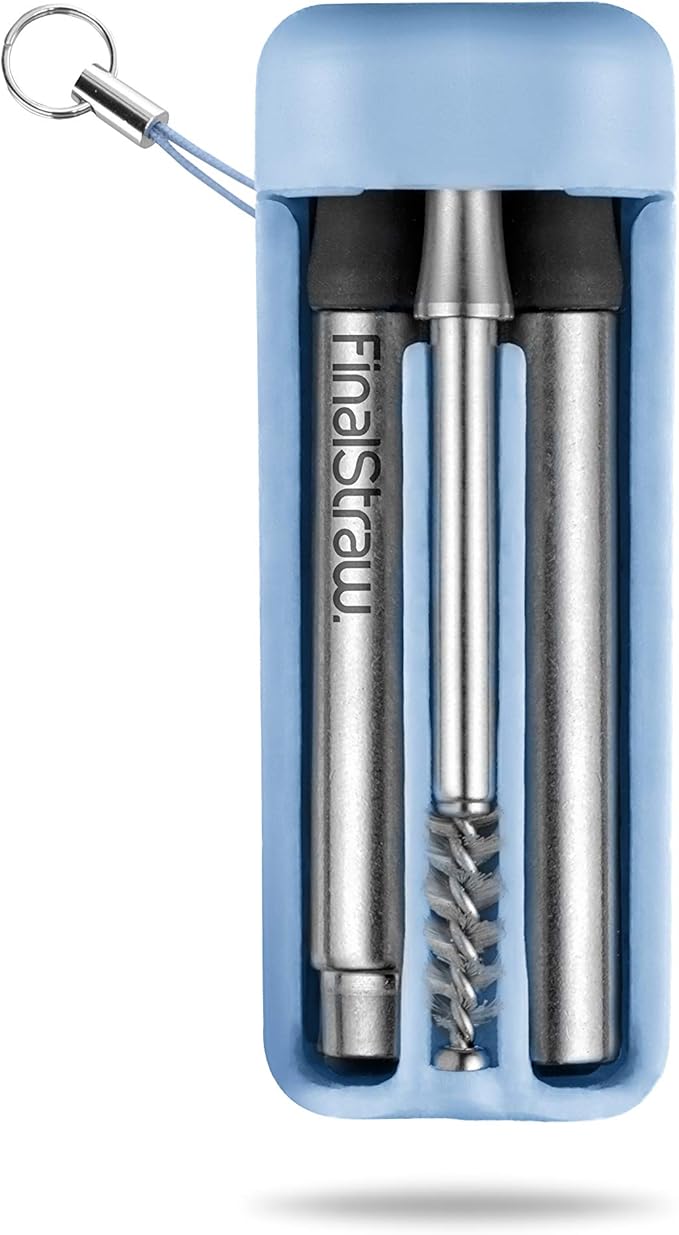 FinalStraw Collapsible, Reusable, Metal Straw | Travel Case, Cleaning Tool | Easy to Clean | Stainless Steel and 100% Silicon Tips | Eco-Friendly | Arctic-Melt Blue Case, Silver Stainless Steel