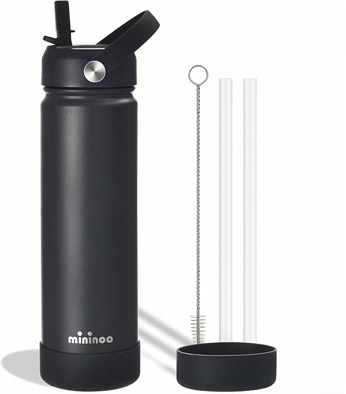 Mininoo Insulated Stainless Steel Water Bottle with Straw, Ceramic-Lined, BPA-Free & Leak-Proof, 24 oz, Black