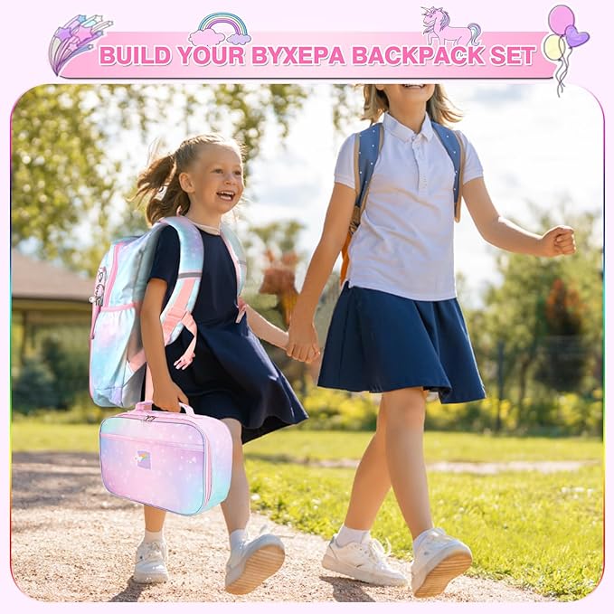 Lunch Box Kids, 11" L x 7" W x 3.5" H, Waterproof Reusable Insulated Lunch Bag for Girls, Cooler Bento Boxes Containers & Snacks for Elementary School Travel (Galaxy Pink)
