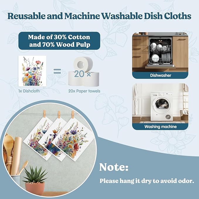 Swedish Dishcloths for Kitchen, Summer Wildflower Floral Kitchen Dish Towels for Washing Dishes, 4 Pack Reusable Paper Towels, Sponge Cloths for Home Cleaning Cooking Baking Housewarming Gift