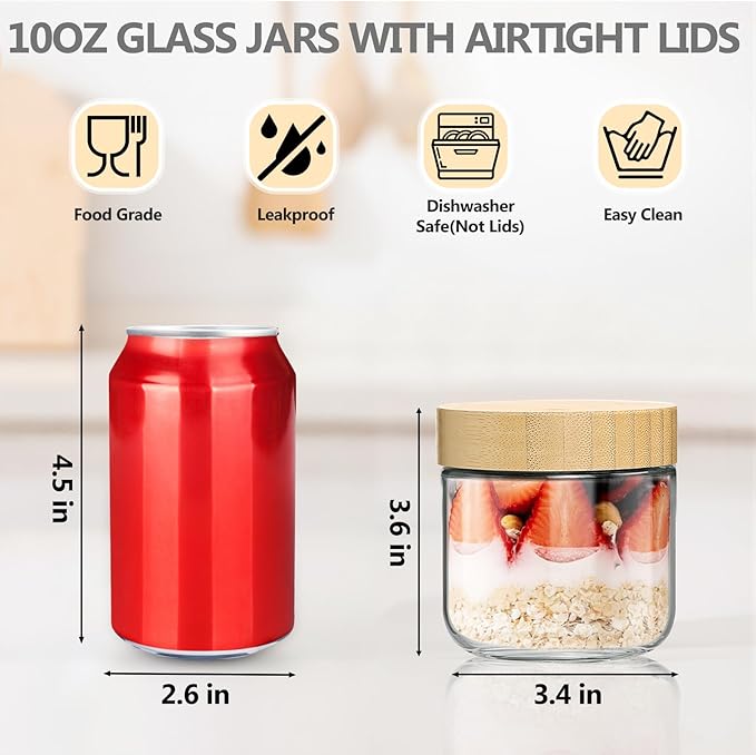 4 Pack 10oz Glass Jars with Bamboo Lids, Spoons, Airtight Overnight Oats Containers, Wide Mouth Mason Jars, Food Storage Container for Yogurt Salad Snacks Spice Sugar Meal Prep – Reusable