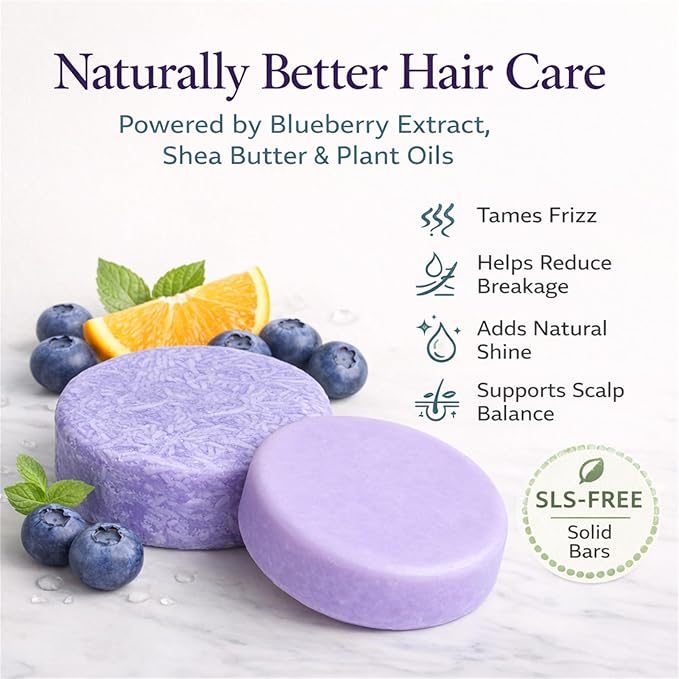 Blueberry Fields Shampoo & Conditioner Bar Bundle, Solid Hair Care Bars with Blueberry Extract, Shea Butter & Orange Essential Oil, Helps Reduce Breakage, Tame Frizz & Support Scalp Health (1, Set)