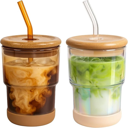 Zukro 13 oz Glass Iced Coffee Cups with Bamboo Lid and Straw for Office/Home/Work, Zero Plastic, Thick Wall Glass Water Tumbler With Silicone Bottom, Matcha Glasses, ECO Friendly, Amber & Shrimmer