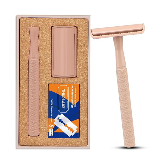 Beige Safety Razor - Single Blade Razors for Women - Reusable Metal Razor, with 5 Stainless Steel Double Edge Blades, Smooth Close Shave, Sustainable, Plastic Free
