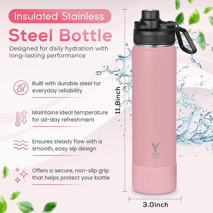 Y TOP 24oz Insulated Water Bottle Cup Holder Friendly, Leak Proof Spout Lid, Double Wall Insulation, Dishwasher Safe, Easy Clean Stainless Steel Water Bottle for Gym Kids Sports Travel School Hiking
