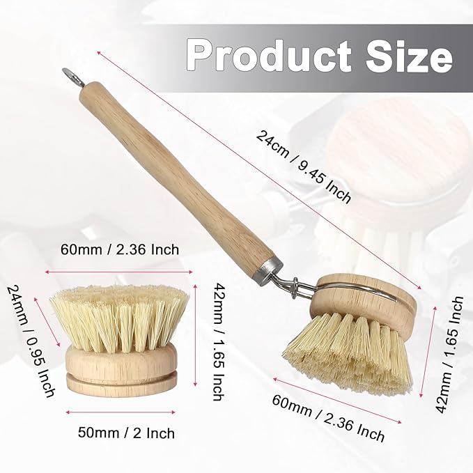 Wooden Dish Brush Set, 4 Natural Bristle Replacement Heads with 1 Sturdy Wooden Handle, Sisal Kitchen Scrub Brush for Pots, Pans, Vegetables and Cookware