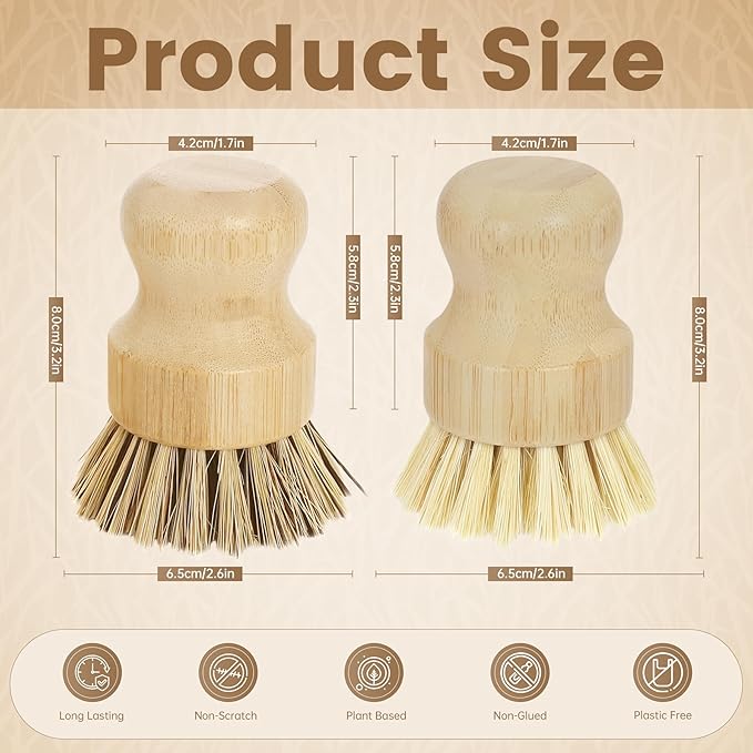 2-Pack Bamboo Dish Brush – Natural Dish Scrub Brush with Sisal & Palm Bristles for Non-Stick Pans, Pots, Vegetables, and Kitchen Cleaning