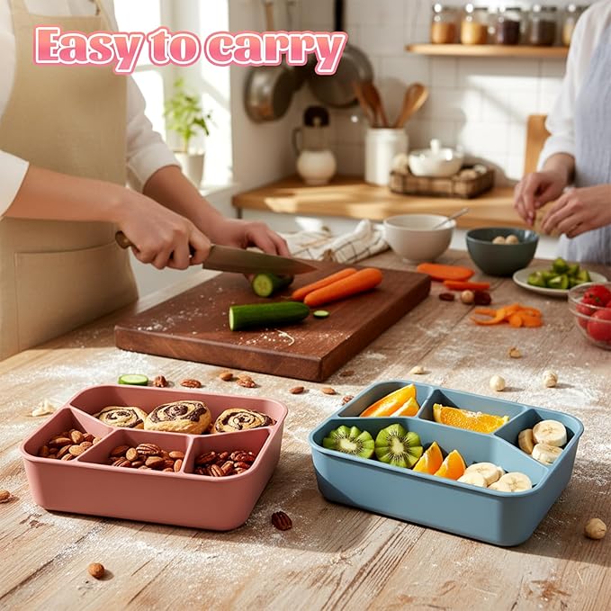 4 Pcs Silicone Bento Box Reusable Lunch Container, 4 Compartment, Food Grade Smooth Leak Proof Lunch Box Rectangle Bento Boxes, Microwave and Dishwasher Safe, for Adult Work Travel Food Storage
