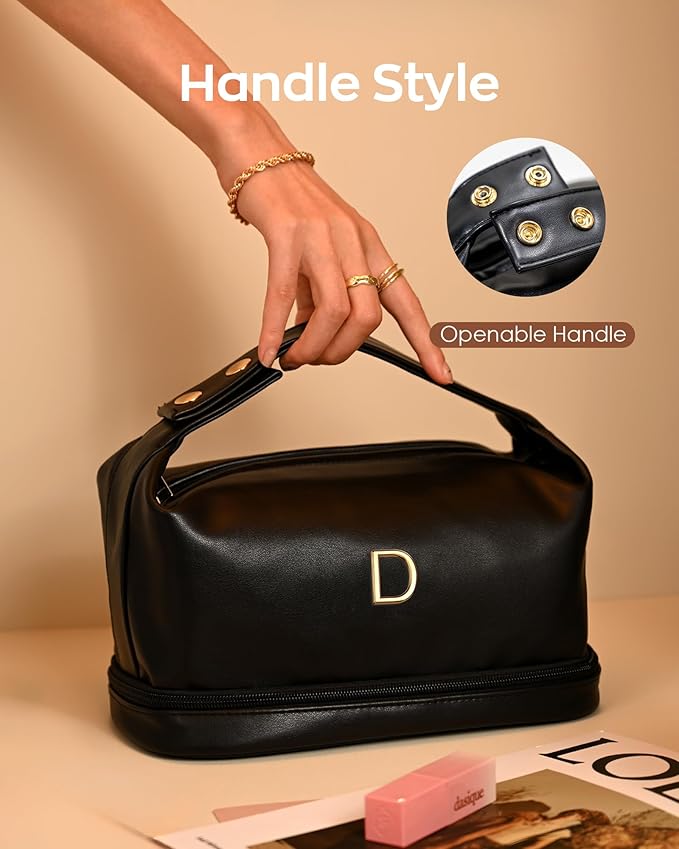 Girly Gifts, Makeup Bags Personalized Bags with Handle, Waterproof Double Layer Cosmetic Bag, Large Capacity PU Leather Makeup Bags Letter Travel Toiletry Bag with Makeup Brush Organizer