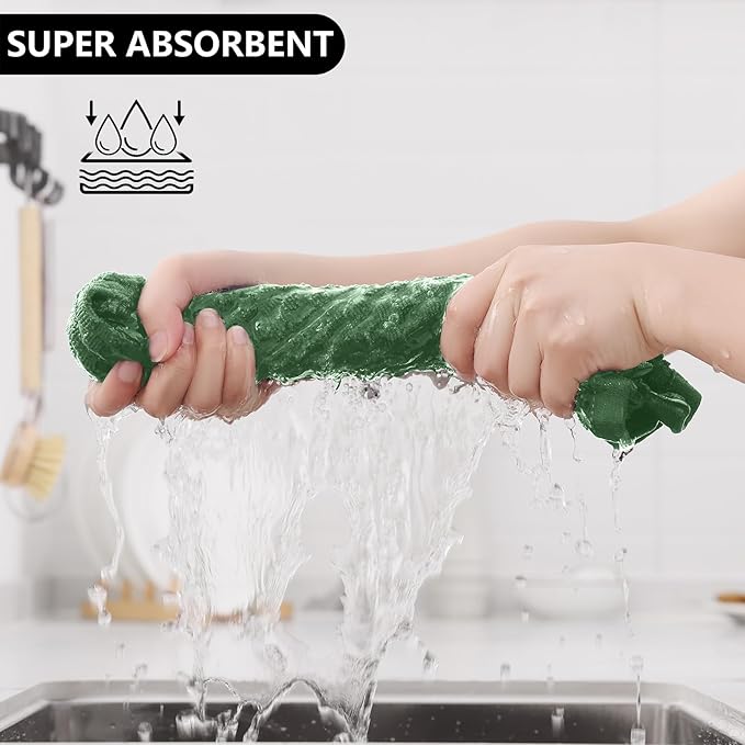 Fintale 100% Cotton Kitchen Towels and Dishcloths Set, 12 x 12 & 15 x 25 Inches, Set of 8 Bulk Super Soft and Absorbent Terry Cloth Dish Towels, Quick Drying Hand Towels with Hanging Loop, Grass Green