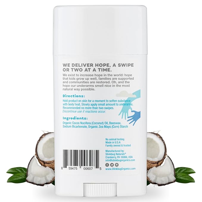 Stinkbug Naturals Organic Aluminum Free Deodorant Stick with Unscented, Coconut Oil and Essential Oils, Paraben Free, Sensitive Skin Deodorant, 2.1 Ounces Pack of 1