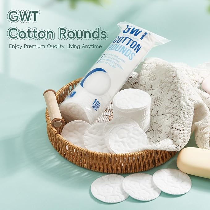 GWT Premium Cotton Rounds for Face, 100% Pure & Lint-Free Cotton Pads, Soft & Absorbent Makeup Remover, Hypoallergenic, Multi-Layer Design, 100 Count (Pack of 1)