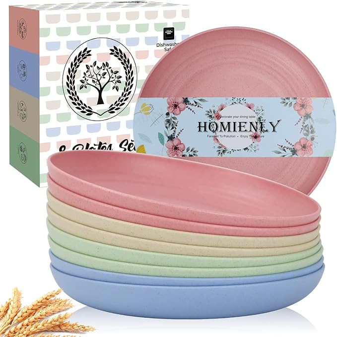 Homienly Deep Dinner Plates Set of 8 Alternative for Plastic - Microwave & Dishwasher Safe Wheat Straw Plates with 4 Colors (Fresh Light, 9 inch)