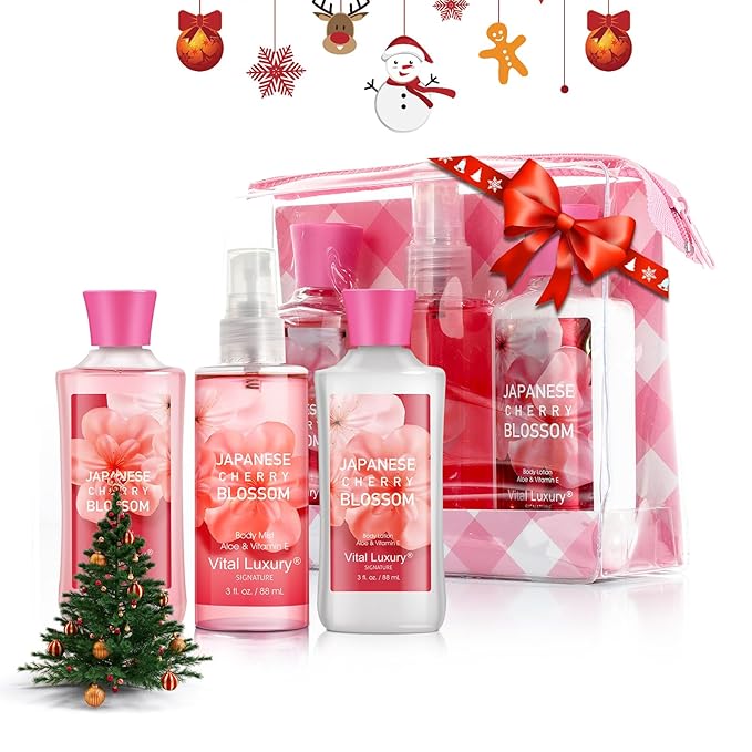 Bath & Body Care Travel Set - Home Spa Set with Body Lotion, Shower Gel and Fragrance Mist, Personal Body Care Travel Set for Birthday Christmas New Year Gifts(Japanese Cherry Blossom)