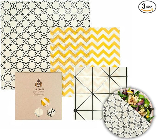 SUPERBEE Beeswax Wrap for Food, Set of 3 Bees Wax Wraps, Reusable Bees Wrap Paper for Wrapping Vegetables & Cheese, Bowl Covers and Sandwich Wrapping Paper, Beeswax Food Wraps - Classic