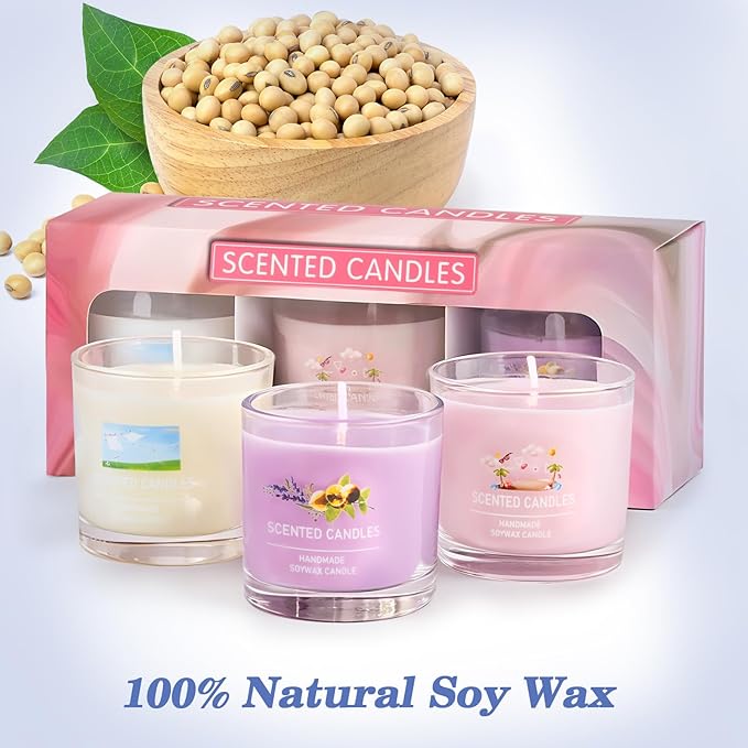 Scented Aromatherapy Soy Candle Gift Set, 100% Natural Soy Wax, Eco-Friendly, Hand-Poured, Relaxing Scented Candles for Home, Spa, Gifts(Pink + Purple + White, 7 oz)