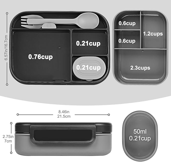 Caperci Bento Box Adult Lunch Box - Stackable Leakproof 47oz Lunch Containers for Adults with Sauce Container - Idea for Office, On-the-go, Microwave/Dishwasher Safe, BPA Free (Black)