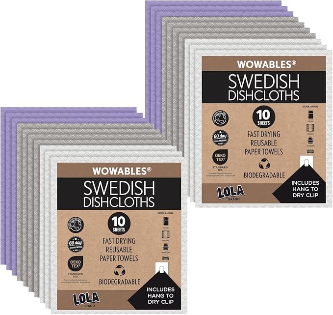 LOLA Swedish Dishcloths 20 Pk Biodegradable Reusable Paper Towels Absorbent Cellulose Kitchen Sponge Cloths Zero Waste Odor Free, Made in Germany