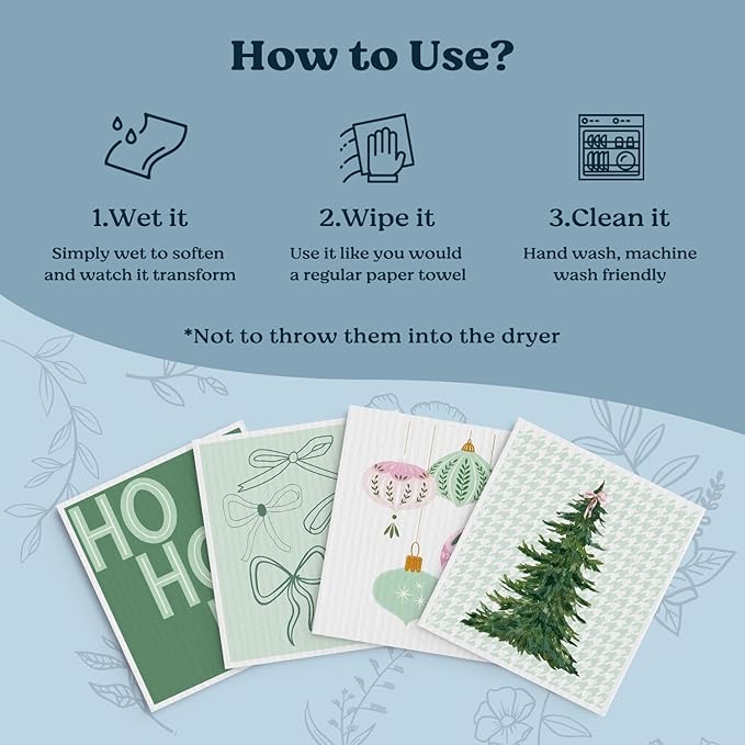 Swedish Dishcloths for Kitchen, Christmas Xmas Green Bow Winter Kitchen Dish Towels for Washing Dishes, 4 Pack Reusable Paper Towels, Sponge Cloths for Holiday Home Cleaning Baking Cooking