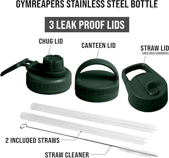 Gymreapers Insulated Water Bottle - Stainless Steel 32 Oz, 3 lids (Straw, Chug, Canteen), Double Walled Vacuum Insulation, Thermo Mug Cold Hot - Durable Powder Coated Finish